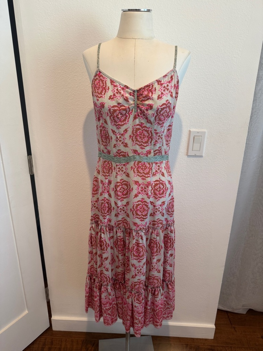 Sleeveless Pink silk Floral Tiered Midi Dress with Green Trim by Plenty